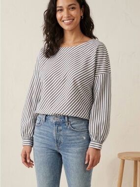 GAP Grey Striped Asymmetric Boatneck Blouse Long Sleeve XL 100% Cotton Coastal